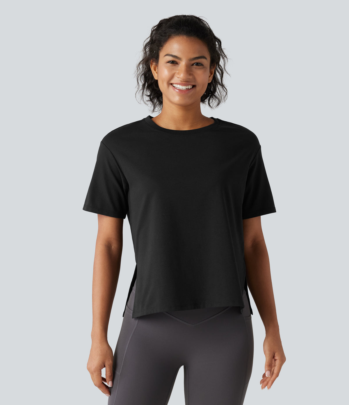 Round Neck Short Sleeve Split Hem Loose Fit Yoga Cotton Sports Top — Black — view 4