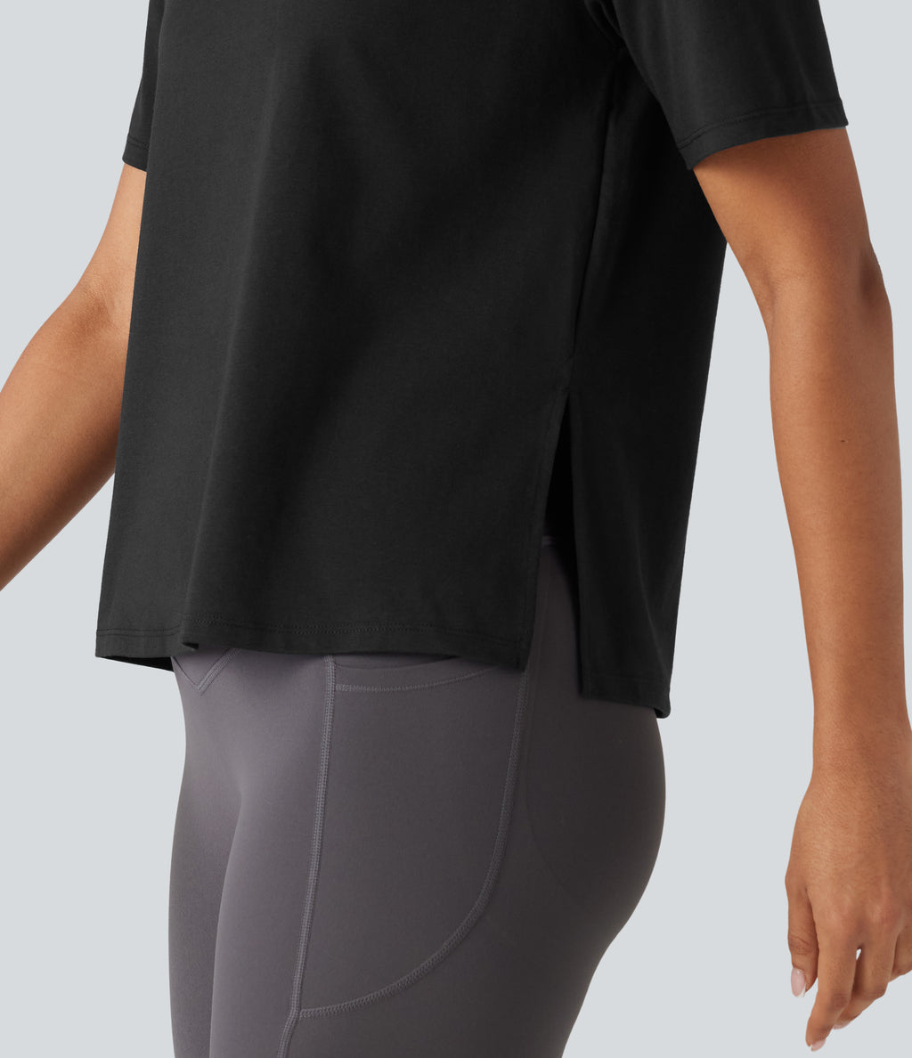 Round Neck Short Sleeve Split Hem Loose Fit Yoga Cotton Sports Top — Black — view 5