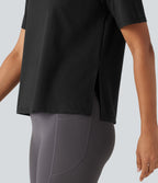 Round Neck Short Sleeve Split Hem Loose Fit Yoga Cotton Sports Top — Black — view 5