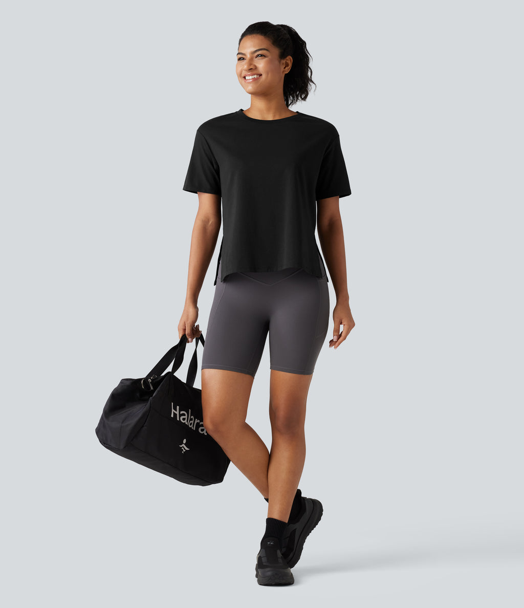 Round Neck Short Sleeve Split Hem Loose Fit Yoga Cotton Sports Top — Black — view 8
