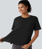Round Neck Short Sleeve Split Hem Loose Fit Yoga Cotton Sports Top — Black — view 7