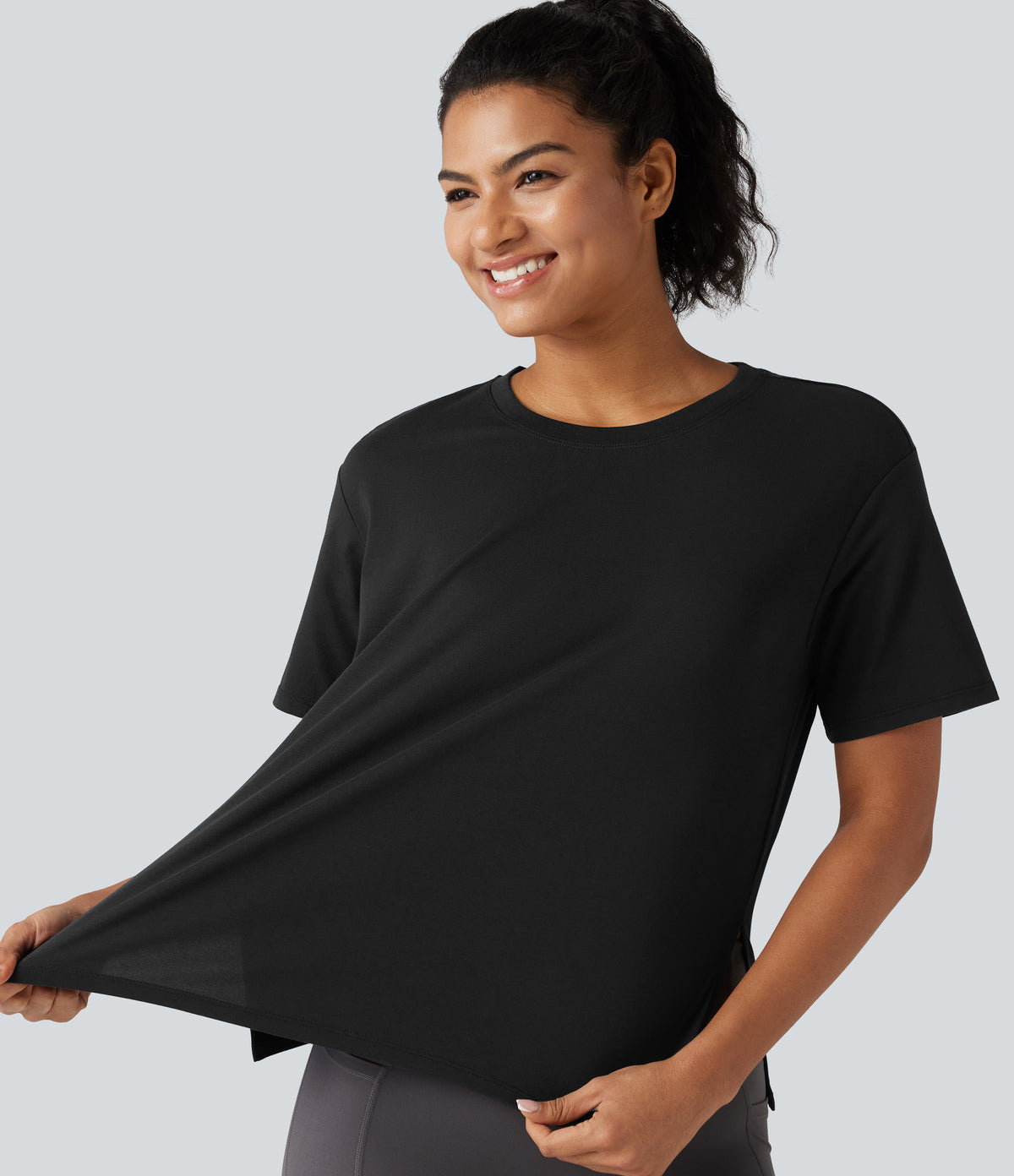 Round Neck Short Sleeve Split Hem Loose Fit Yoga Cotton Sports Top — Black — view 7