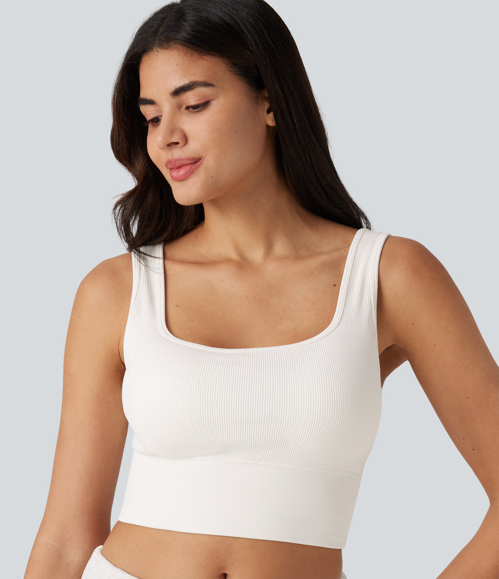 OneForm Seamless Flow Scoop Neck U-back Built-in Bra Casual Tank Top — White — view 5