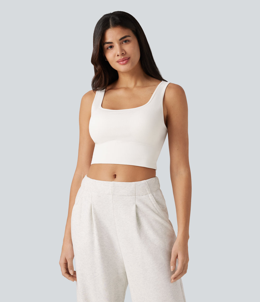 OneForm Seamless Flow Scoop Neck U-back Built-in Bra Casual Tank Top — White — view 3