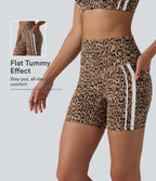 Leopard Print High Waisted Tummy Control Color Block Stripe Training Biker Shorts 5'' with Pockets — Tan Leopard — view 1