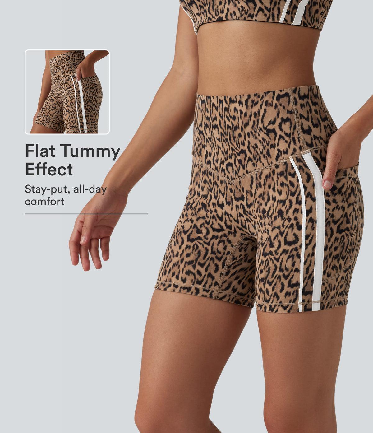 Leopard Print High Waisted Tummy Control Color Block Stripe Training Biker Shorts 5'' with Pockets — Tan Leopard — view 1