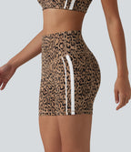 Leopard Print High Waisted Tummy Control Color Block Stripe Training Biker Shorts 5'' with Pockets — Tan Leopard — view 6