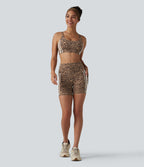 Leopard Print High Waisted Tummy Control Color Block Stripe Training Biker Shorts 5'' with Pockets — Tan Leopard — view 8