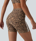 Leopard Print High Waisted Tummy Control Color Block Stripe Training Biker Shorts 5'' with Pockets — Tan Leopard — view 7