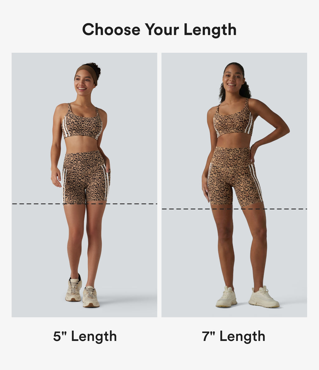 Leopard Print High Waisted Tummy Control Color Block Stripe Training Biker Shorts 5'' with Pockets — Tan Leopard — view 2