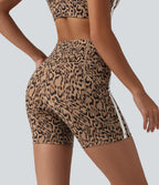 Leopard Print High Waisted Tummy Control Color Block Stripe Training Biker Shorts 5'' with Pockets — Tan Leopard — view 3