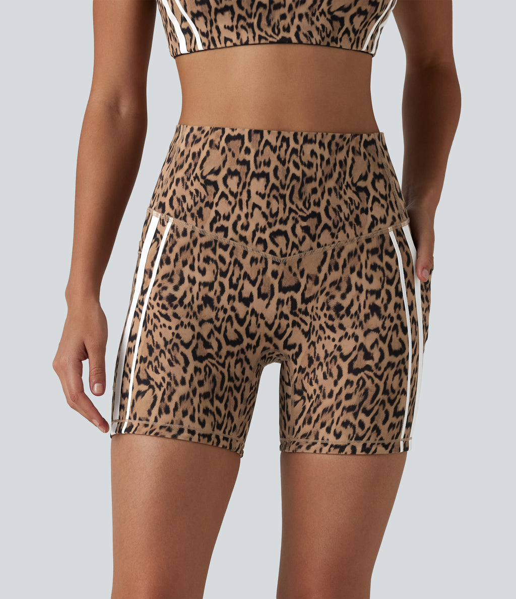 Leopard Print High Waisted Tummy Control Color Block Stripe Training Biker Shorts 5'' with Pockets — Tan Leopard — view 4