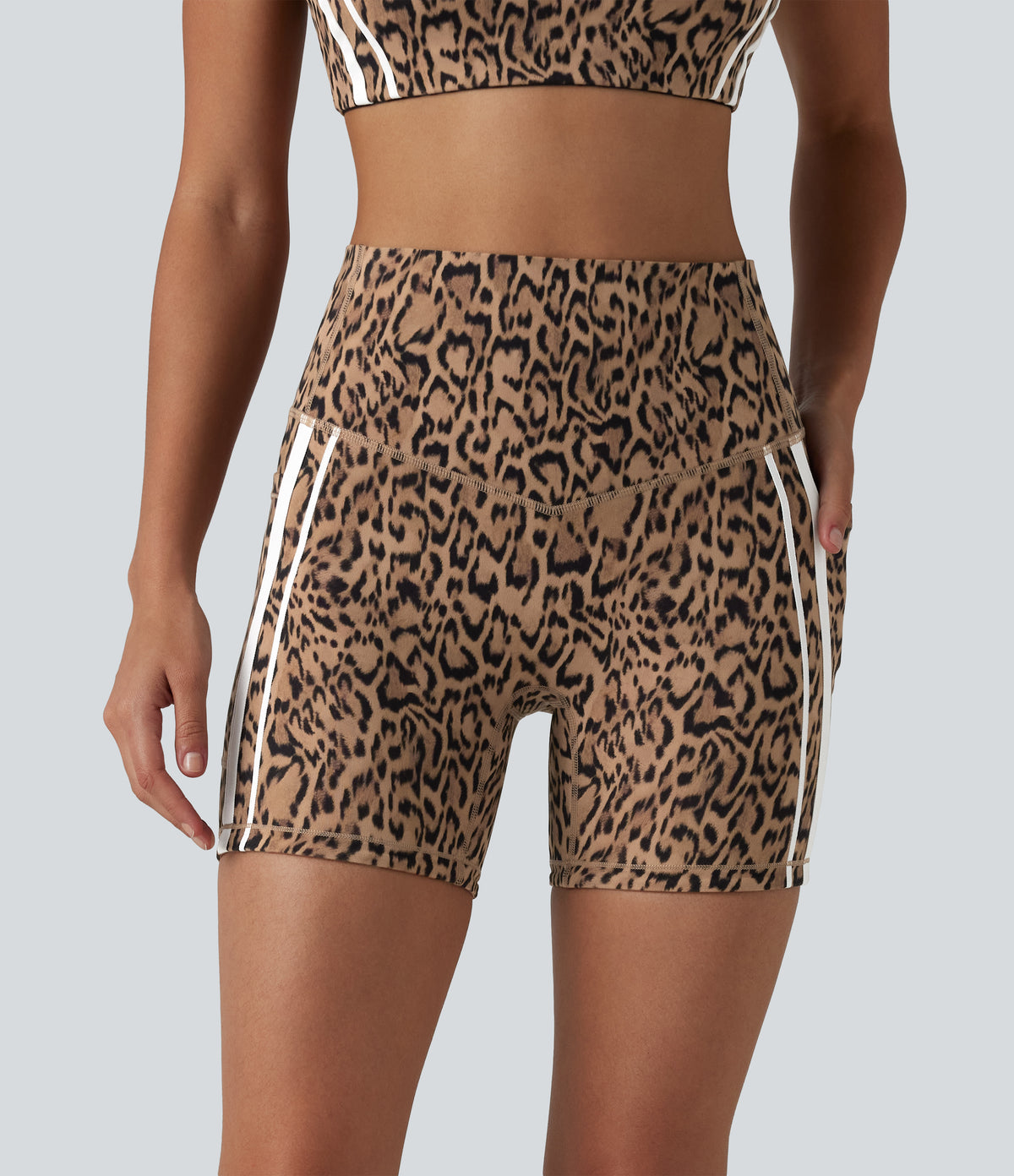 Leopard Print High Waisted Tummy Control Color Block Stripe Training Biker Shorts 5'' with Pockets — Tan Leopard — view 4