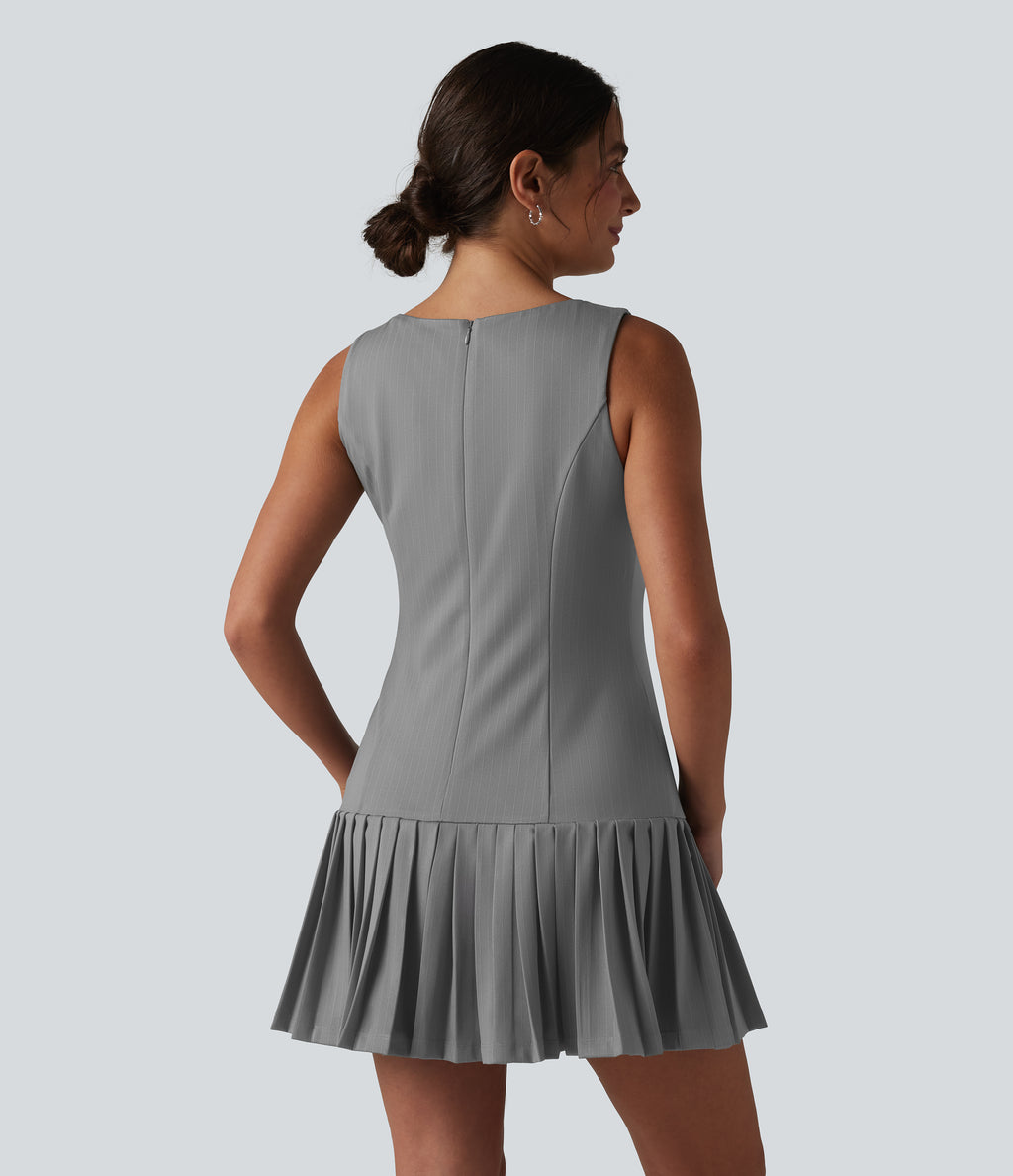 Boat Neck Sleeveless Pleated Stripe Mini Work Dress — Dusk Smoke Pinstripe — view 2