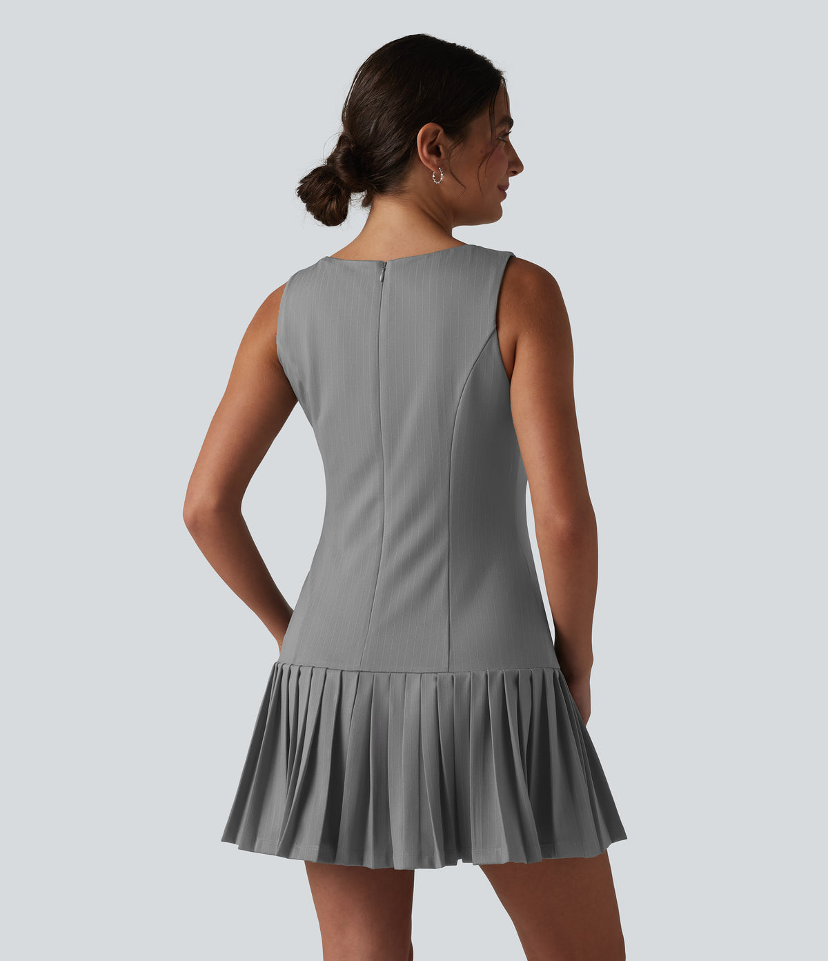 Boat Neck Sleeveless Pleated Stripe Mini Work Dress — Dusk Smoke Pinstripe — view 2