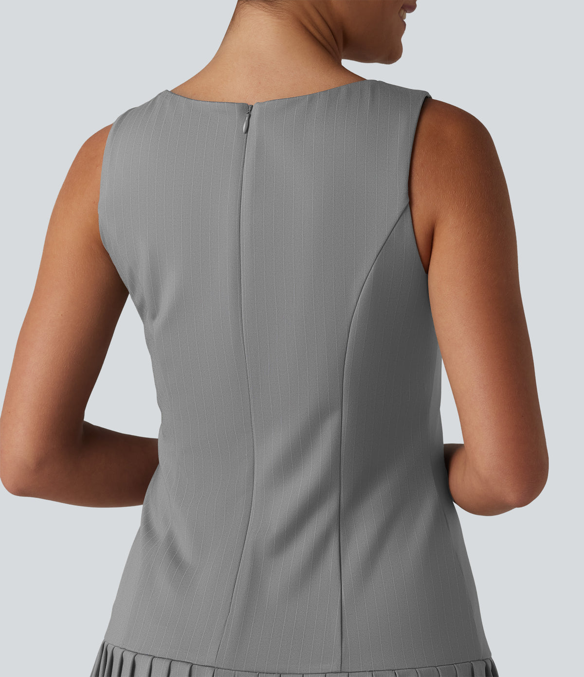 Boat Neck Sleeveless Pleated Stripe Mini Work Dress — Dusk Smoke Pinstripe — view 5