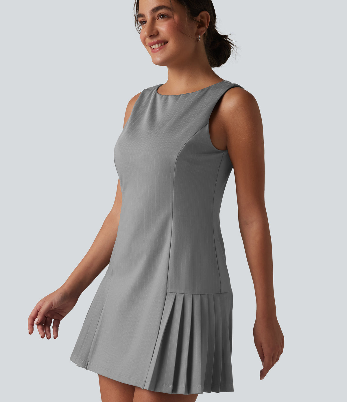 Boat Neck Sleeveless Pleated Stripe Mini Work Dress — Dusk Smoke Pinstripe — view 6