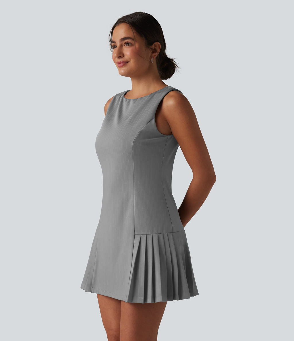 Boat Neck Sleeveless Pleated Stripe Mini Work Dress — Dusk Smoke Pinstripe — view 3