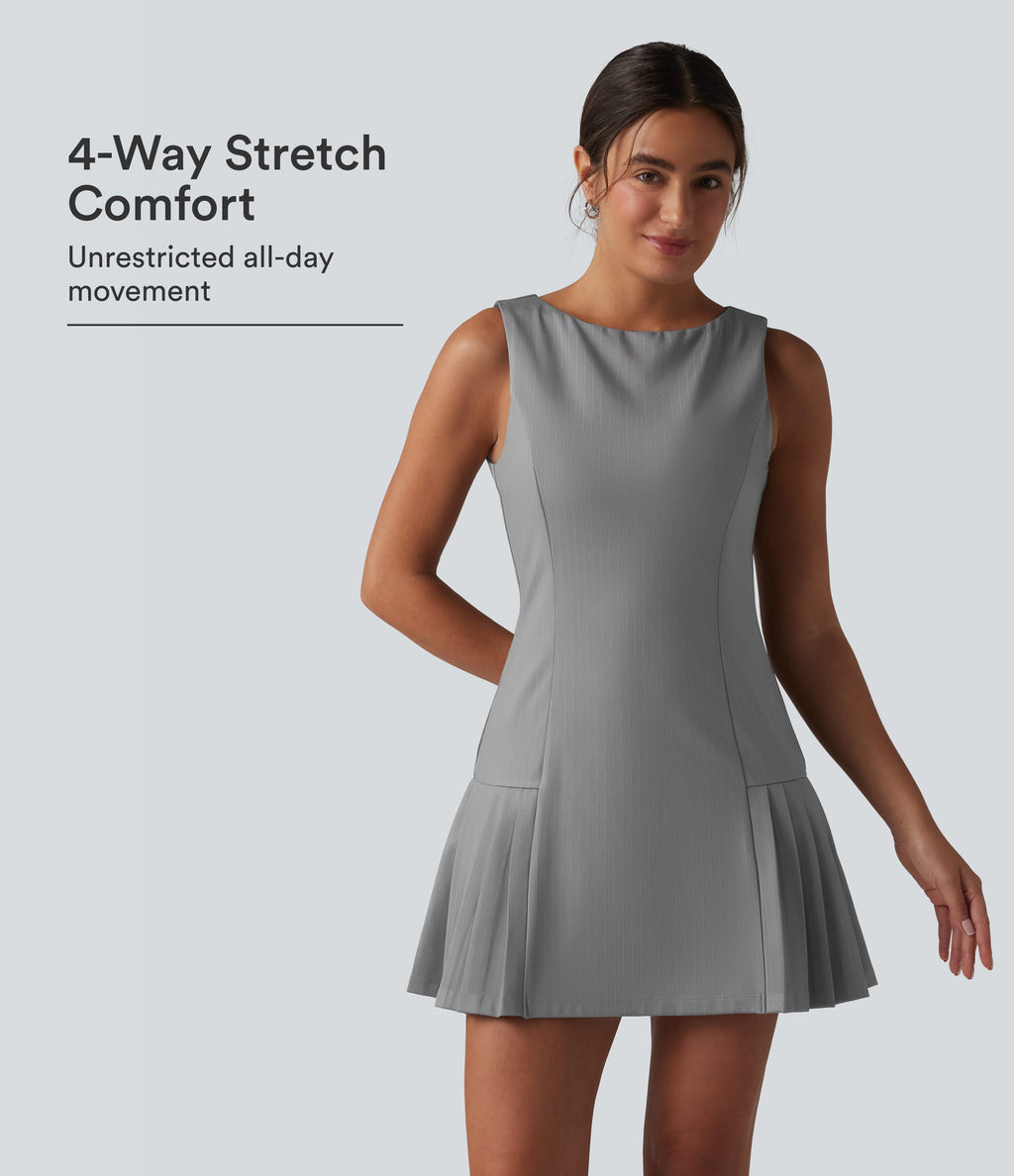 Boat Neck Sleeveless Pleated Stripe Mini Work Dress — Dusk Smoke Pinstripe — view 1