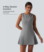 Boat Neck Sleeveless Pleated Stripe Mini Work Dress — Dusk Smoke Pinstripe — view 1