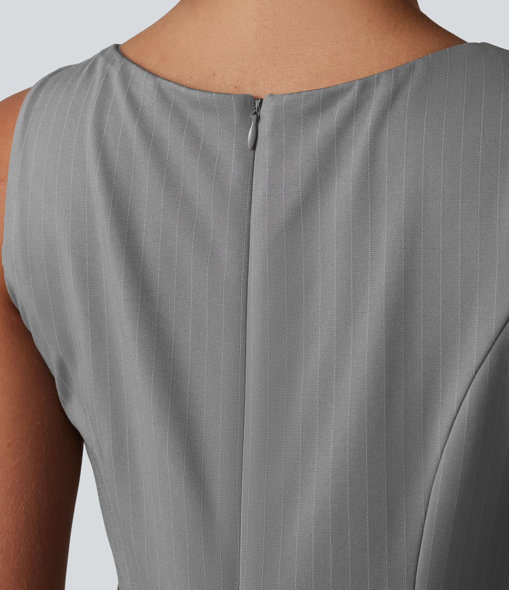 Boat Neck Sleeveless Pleated Stripe Mini Work Dress — Dusk Smoke Pinstripe — view 4