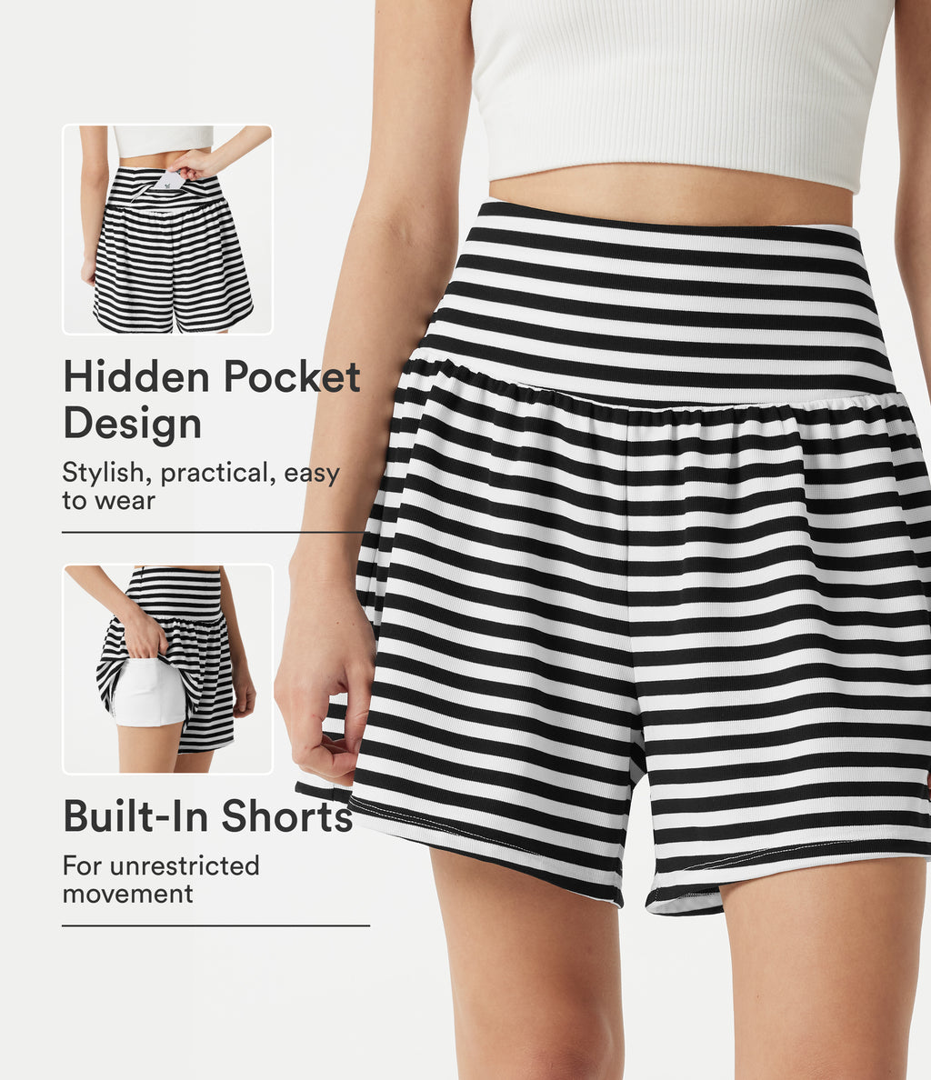 High Waisted 2-in-1 Stripe Waffle Casual Shorts 5'' with Pockets — Black White Horizontal Stripe — view 1