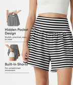 High Waisted 2-in-1 Stripe Waffle Casual Shorts 5'' with Pockets — Black White Horizontal Stripe — view 1