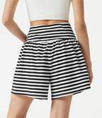 High Waisted 2-in-1 Stripe Waffle Casual Shorts 5'' with Pockets — Black White Horizontal Stripe — view 2