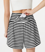 High Waisted 2-in-1 Stripe Waffle Casual Shorts 5'' with Pockets — Black White Horizontal Stripe — view 4