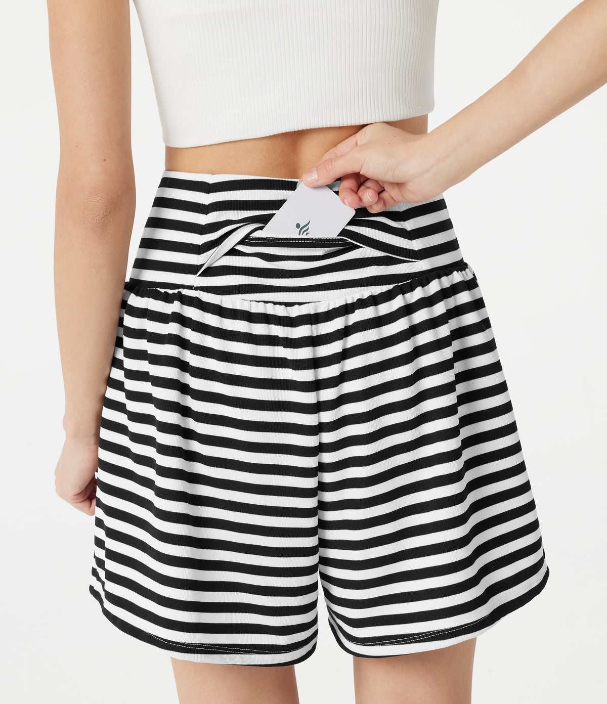 High Waisted 2-in-1 Stripe Waffle Casual Shorts 5'' with Pockets — Black White Horizontal Stripe — view 4