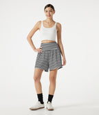 High Waisted 2-in-1 Stripe Waffle Casual Shorts 5'' with Pockets — Black White Horizontal Stripe — view 8