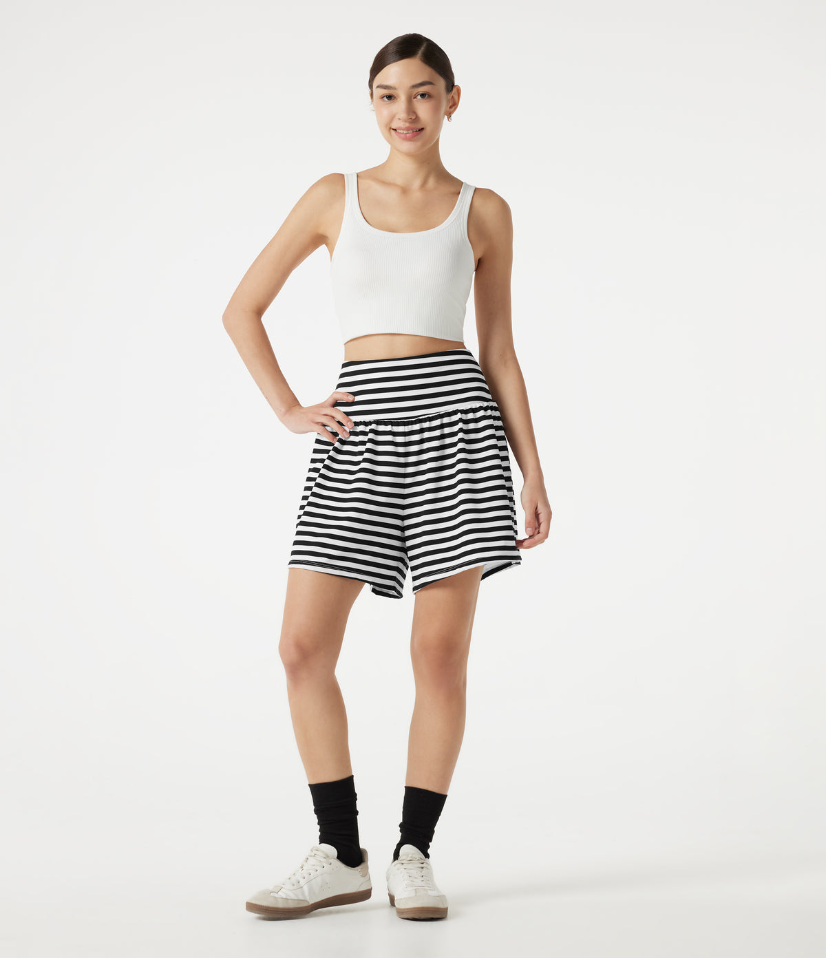 High Waisted 2-in-1 Stripe Waffle Casual Shorts 5'' with Pockets — Black White Horizontal Stripe — view 8