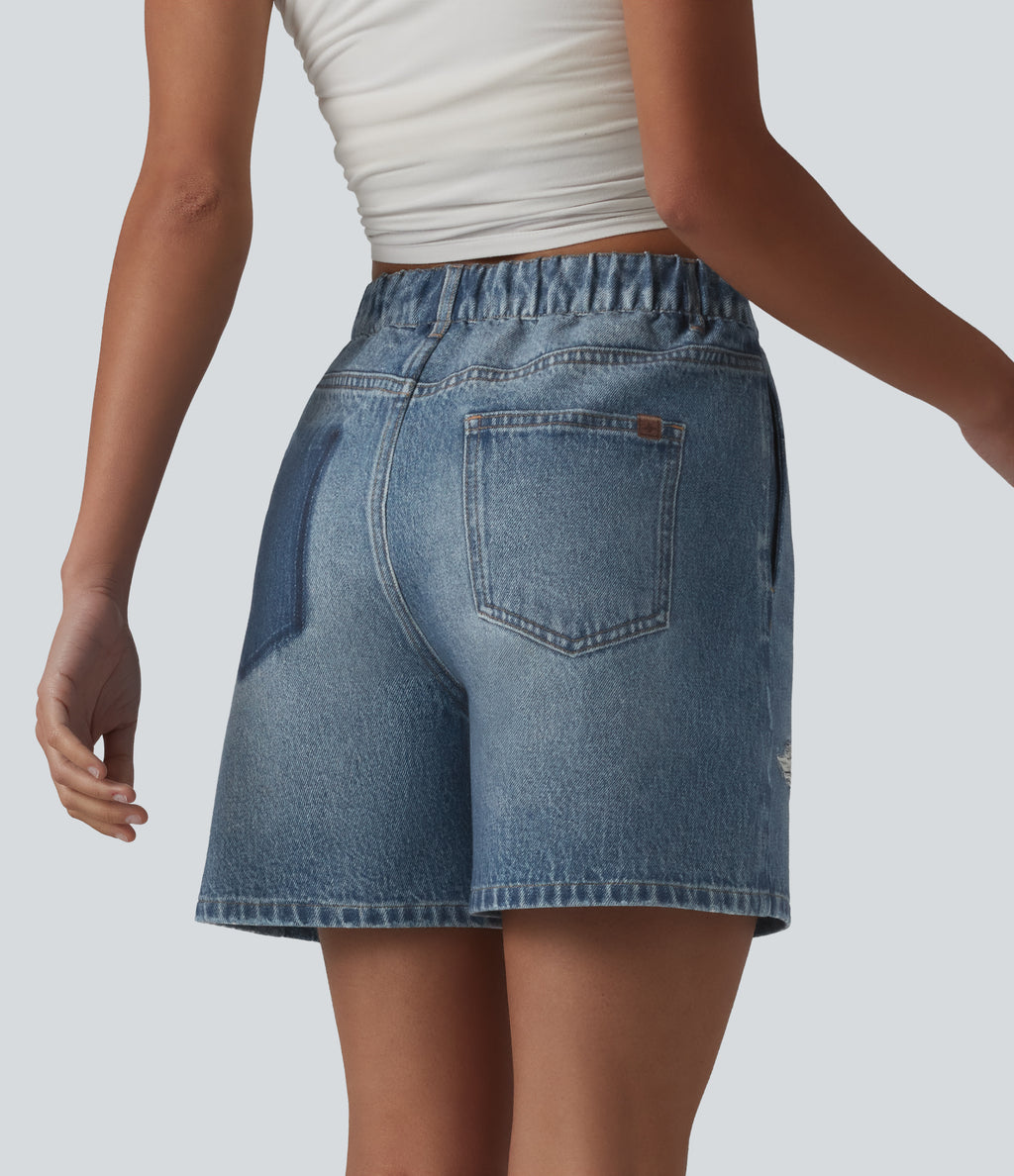 Mid Rise Denim Print French Terry Casual Sweat Shorts 5'' with Pockets — Dutch Blue Denim — view 2