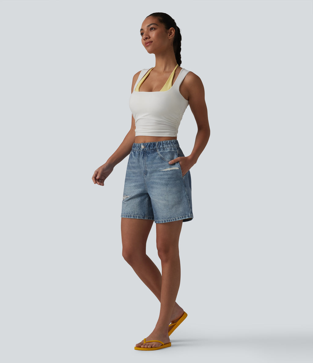 Mid Rise Denim Print French Terry Casual Sweat Shorts 5'' with Pockets — Dutch Blue Denim — view 7
