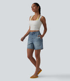 Mid Rise Denim Print French Terry Casual Sweat Shorts 5'' with Pockets — Dutch Blue Denim — view 7