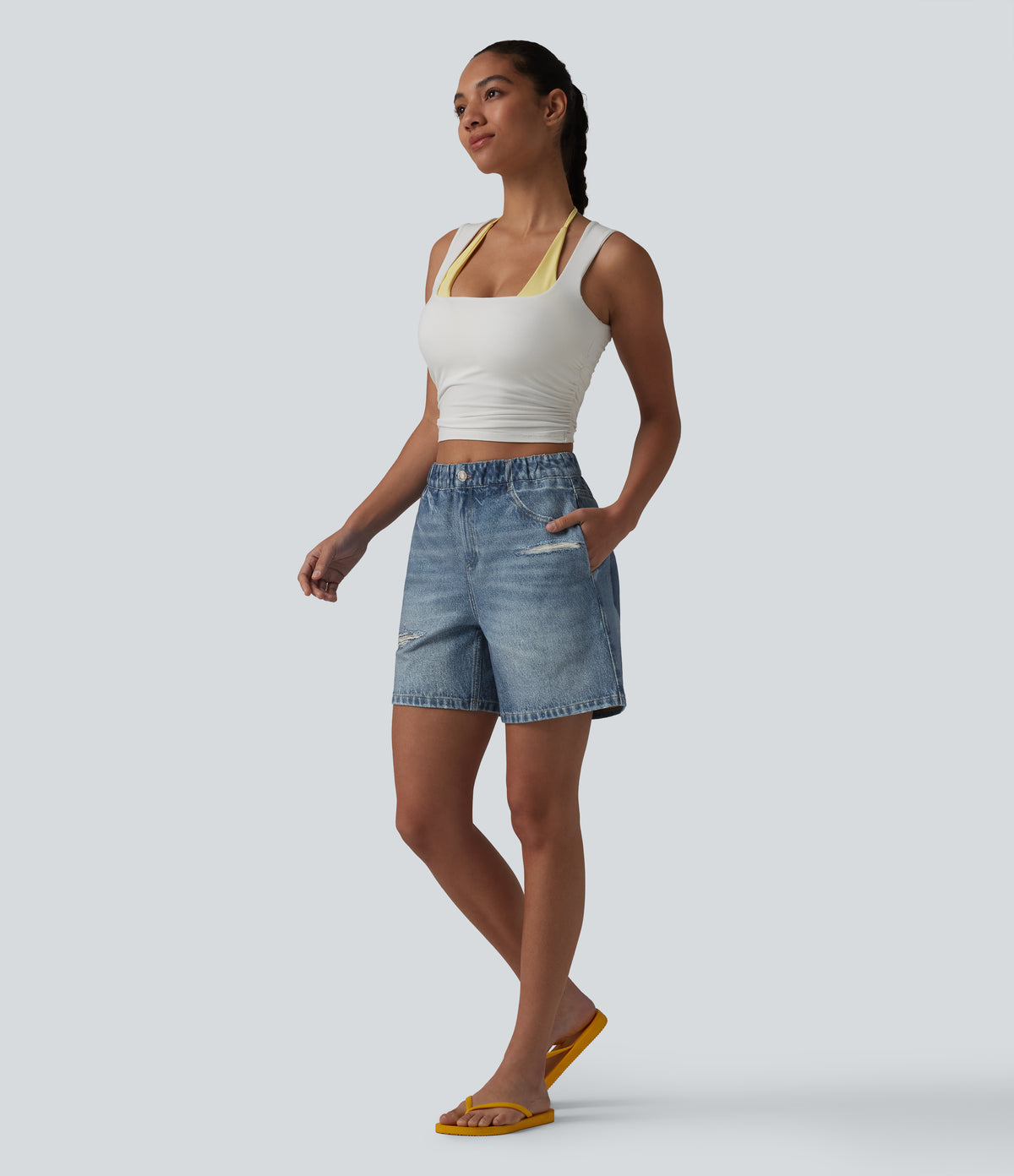 Mid Rise Denim Print French Terry Casual Sweat Shorts 5'' with Pockets — Dutch Blue Denim — view 7
