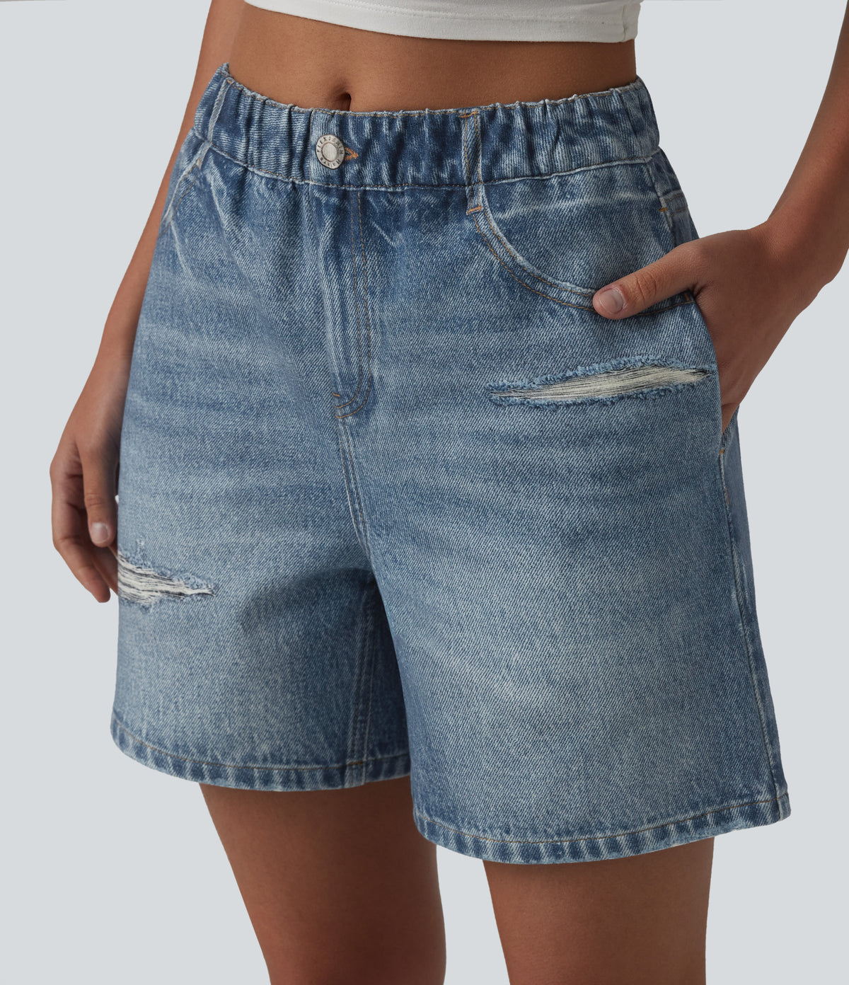 Mid Rise Denim Print French Terry Casual Sweat Shorts 5'' with Pockets — Dutch Blue Denim — view 5