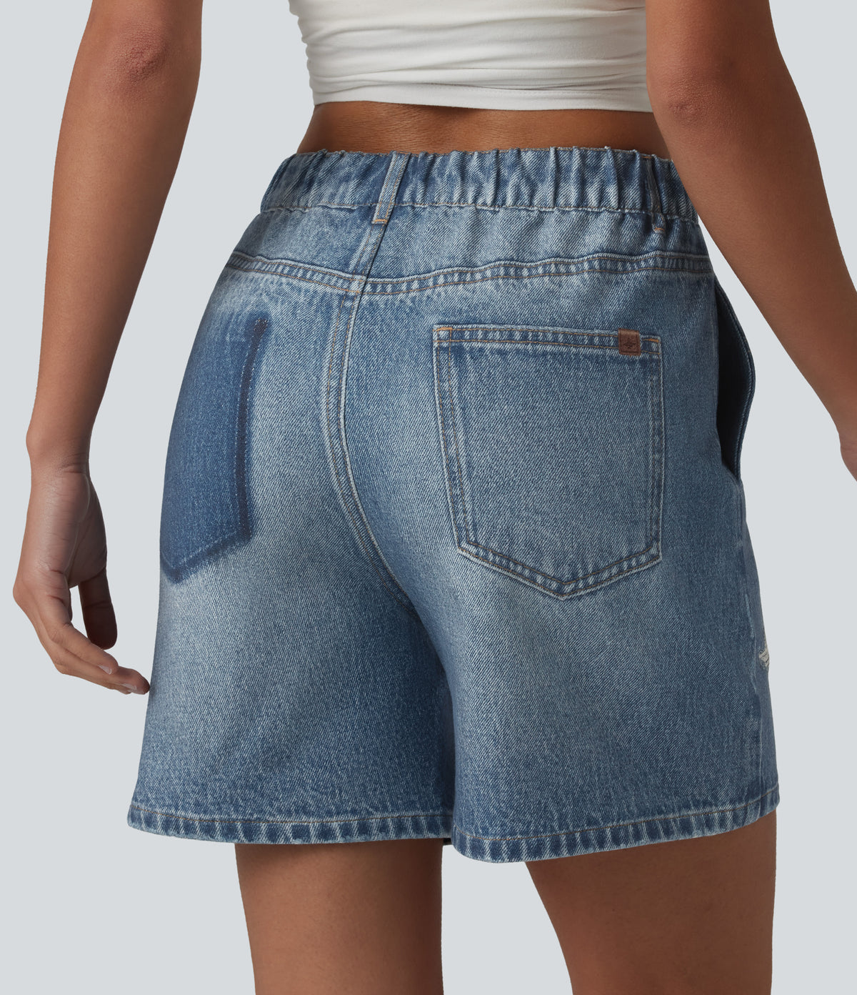 Mid Rise Denim Print French Terry Casual Sweat Shorts 5'' with Pockets — Dutch Blue Denim — view 4