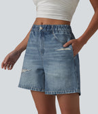 Mid Rise Denim Print French Terry Casual Sweat Shorts 5'' with Pockets — Dutch Blue Denim — view 3