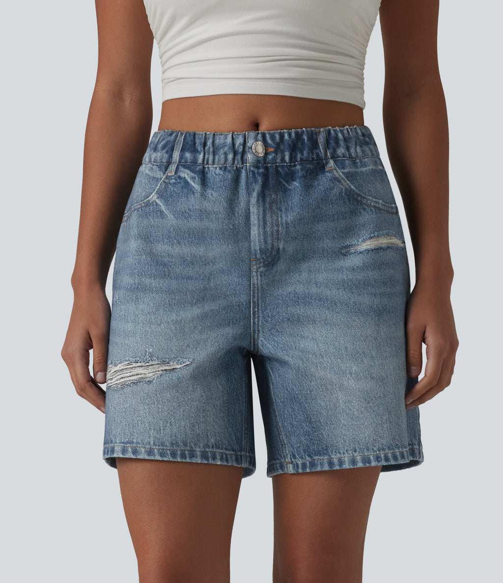 Mid Rise Denim Print French Terry Casual Sweat Shorts 5'' with Pockets — Dutch Blue Denim — view 1