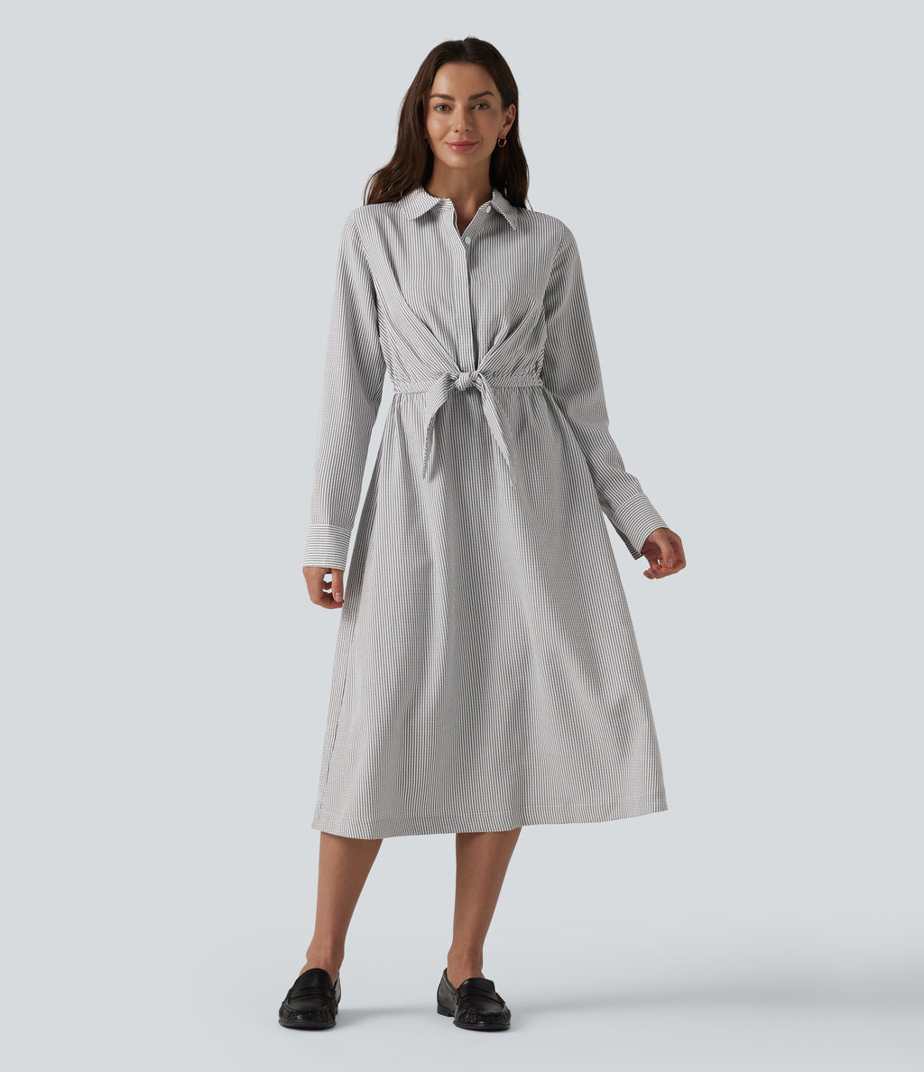 Collar Long Sleeve Tie-front Stripes Midi Work Shirt Dress — Light Black White Stripe — view 8