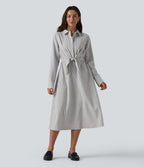 Collar Long Sleeve Tie-front Stripes Midi Work Shirt Dress — Light Black White Stripe — view 8