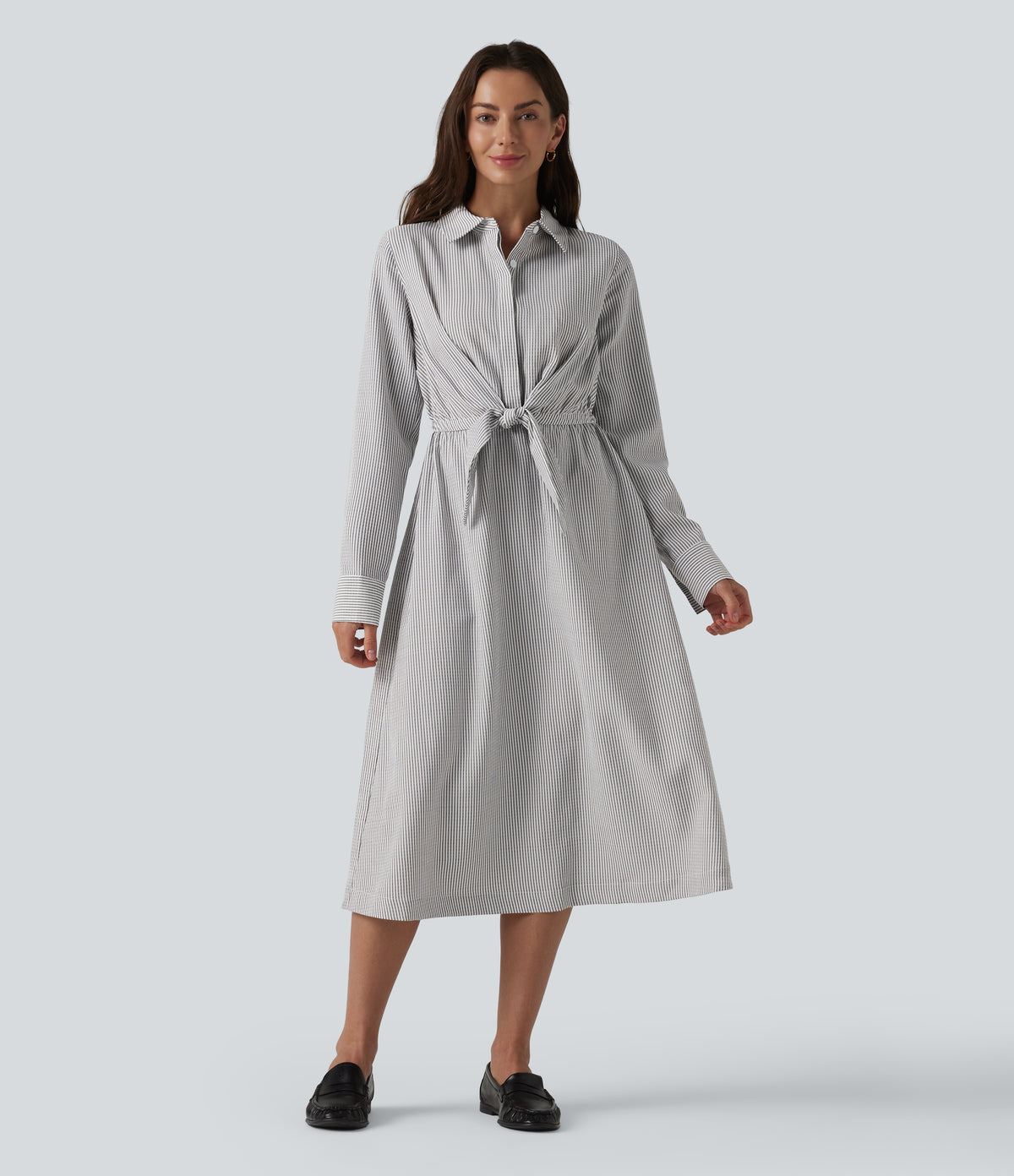 Collar Long Sleeve Tie-front Stripes Midi Work Shirt Dress — Light Black White Stripe — view 8