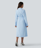 Collar Long Sleeve Tie-front Stripes Midi Work Shirt Dress — Azure White Stripe — view 2