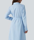 Collar Long Sleeve Tie-front Stripes Midi Work Shirt Dress — Azure White Stripe — view 5