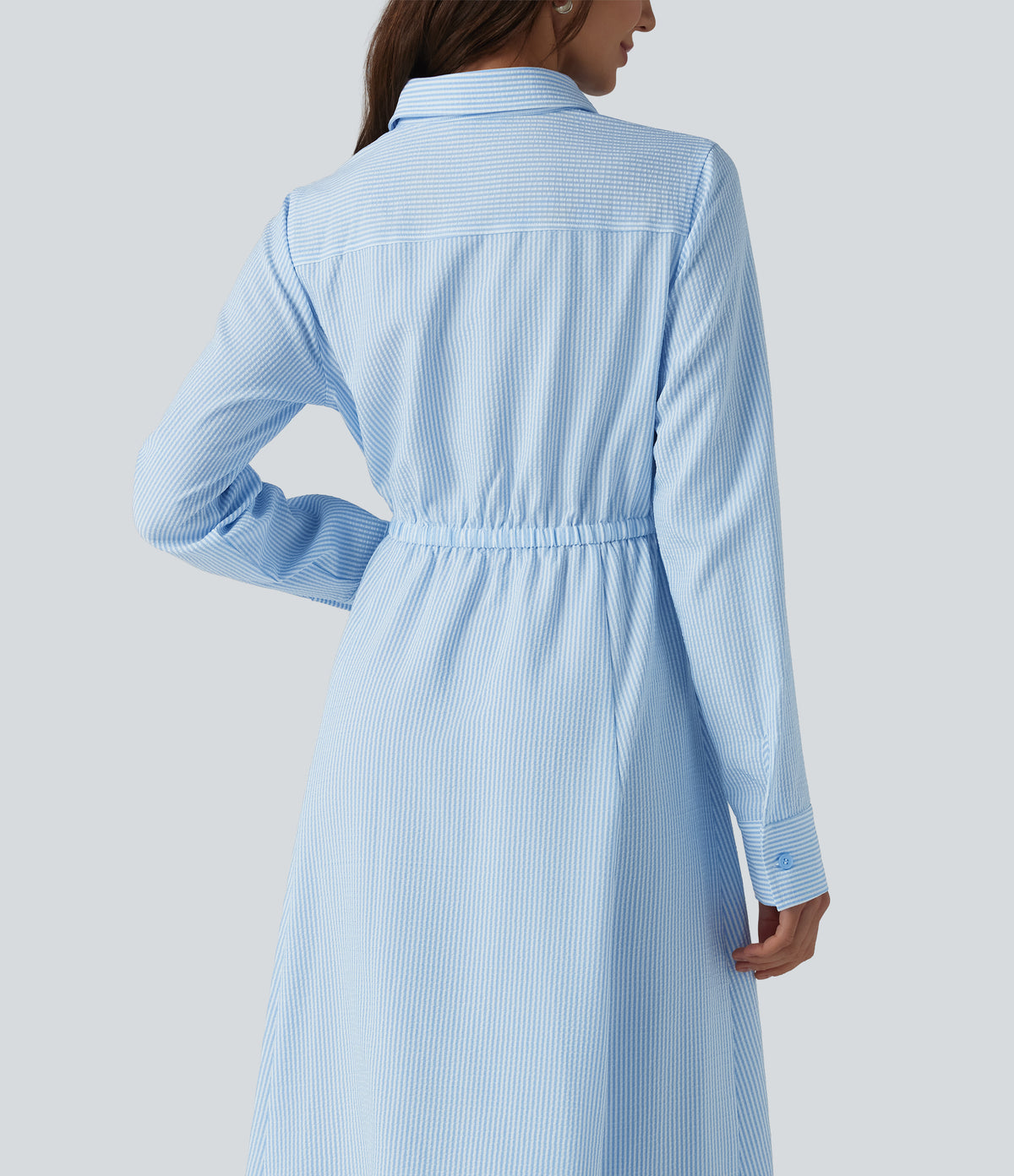 Collar Long Sleeve Tie-front Stripes Midi Work Shirt Dress — Azure White Stripe — view 5