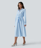 Collar Long Sleeve Tie-front Stripes Midi Work Shirt Dress — Azure White Stripe — view 3