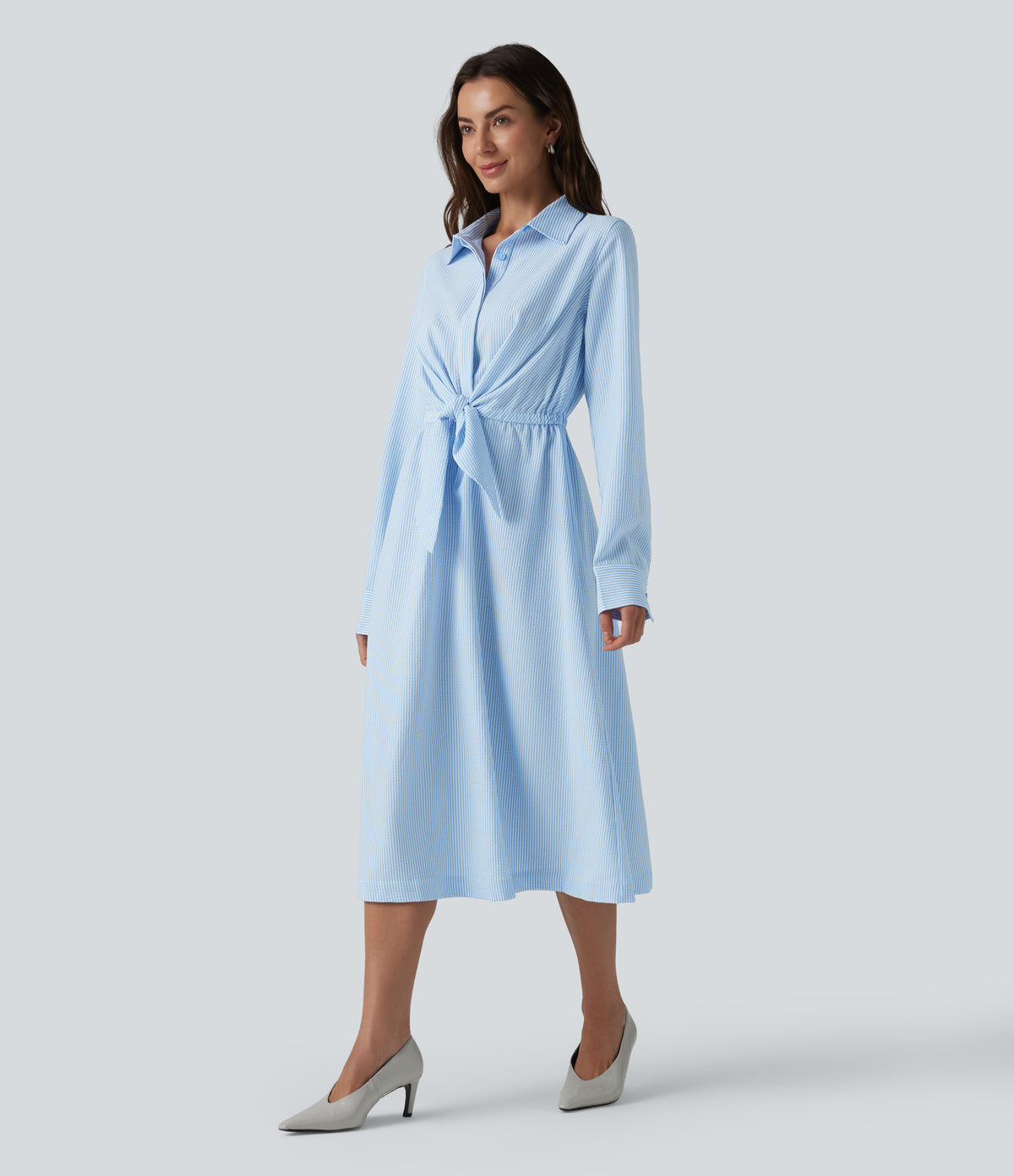 Collar Long Sleeve Tie-front Stripes Midi Work Shirt Dress — Azure White Stripe — view 3