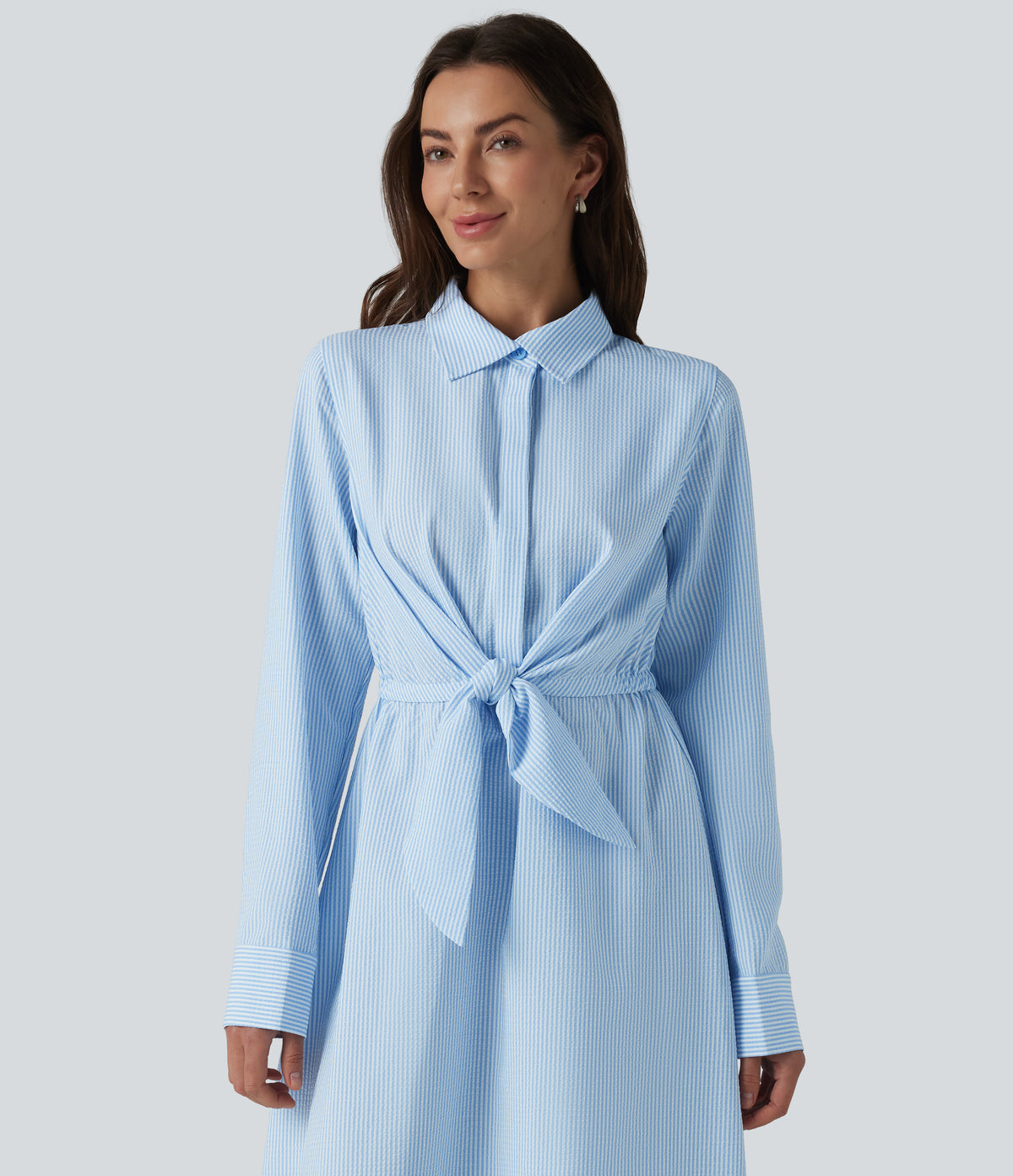 Collar Long Sleeve Tie-front Stripes Midi Work Shirt Dress — Azure White Stripe — view 4