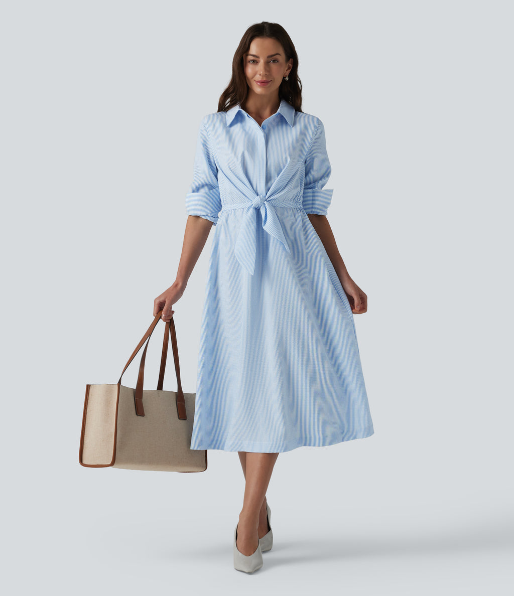 Collar Long Sleeve Tie-front Stripes Midi Work Shirt Dress — Azure White Stripe — view 6